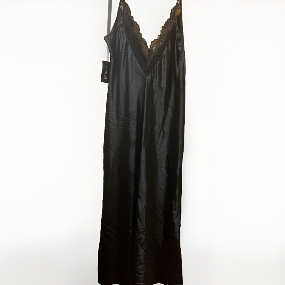 Black Lace & Silky Sexy Slip MIDI Front Deep V Kneck W/Lace & Back Side